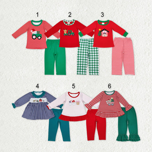 Sibling Baby Boys Girls Long Sleeves Embroidery Trucks Tops Pants Christmas Clothes Sets RTS