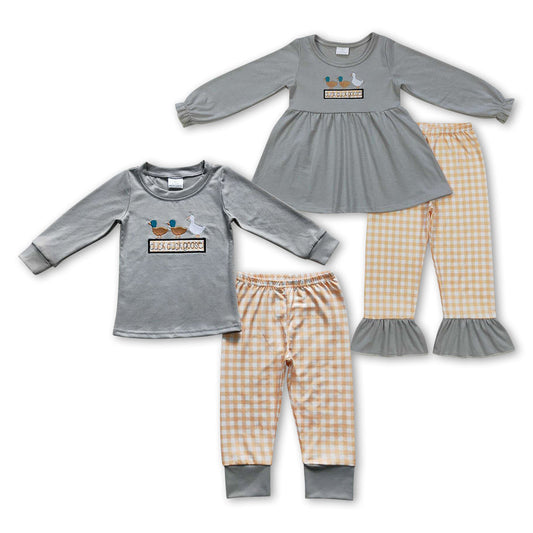 Sibling Baby Boys Girls Long Sleeves Embroidery Ducks Plaid Pants Clothes Sets RTS