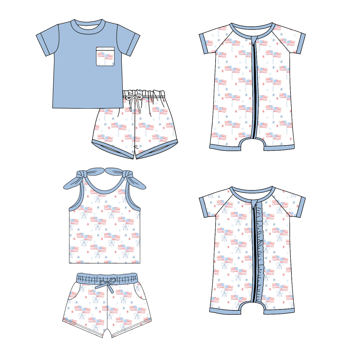 Baby Boy Girl July 4th Flags Sibling Romper Set ( Moq 5 Each Style ) 1.23