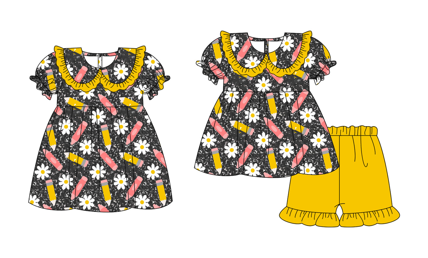 ( Moq 5 Each Style ) Baby Girls Kids Short Sleeves Pencil Flower Sibling Back to School Dress Set