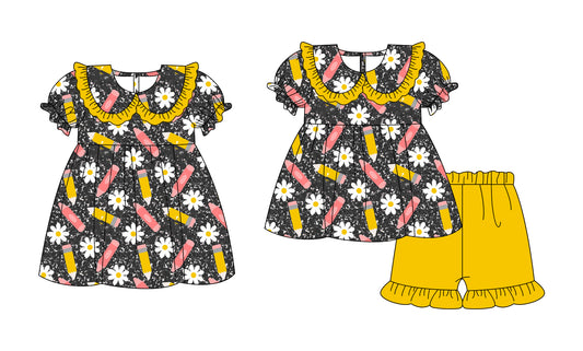( Moq 5 Each Style ) Baby Girls Kids Short Sleeves Pencil Flower Sibling Back to School Dress Set