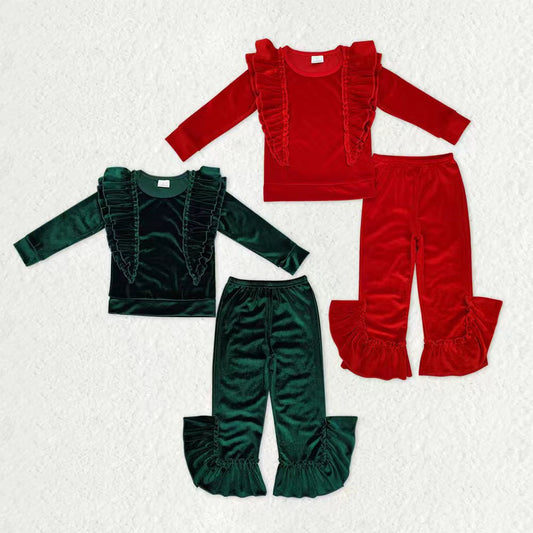 Sibling Baby Girls Kids Long Sleeves Shirt Velvet Ruffle Pants Christmas Clothes Set RTS