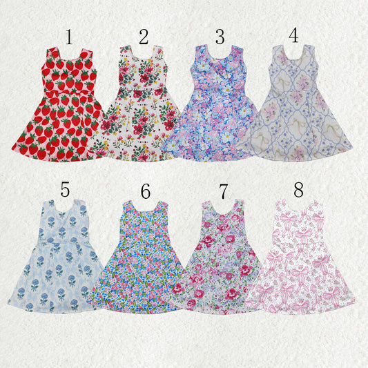 Baby Girl Sleeveless Strawberry Flower Bows Sibling Skort Yoga Active Knee Length Dress