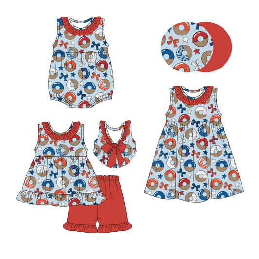 ( Moq 5 Each Style ) Baby Girl Sleeveless Donuts 4th Of July Sibling Romper Dress Set 4.17