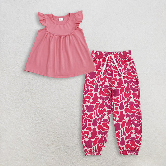 Baby Girl Kids Short Sleeves Cotton Tops Pink Camo Pockets Pants Set Clothes RTS