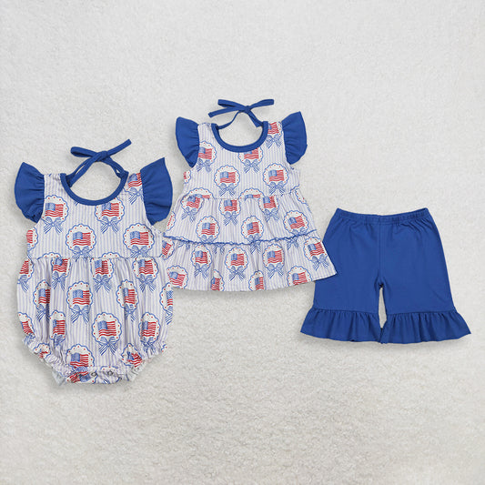 Sibling Baby Girls Kids Bows Flags Tops Blue Shorts Set Romper 4th of July Clothes RTS