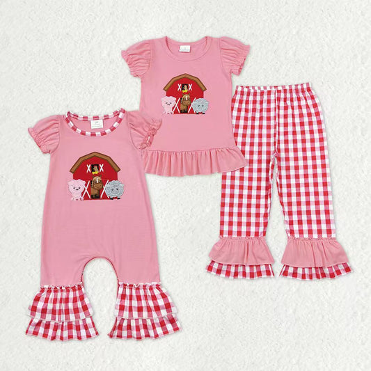 Sibling Baby Girls Short Sleeves Embroidery Farm Romper Set Clothes RTS