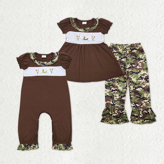 Sibling Baby Girls Short Sleeves Embroidery Ducks Camo Romper Set Clothes RTS