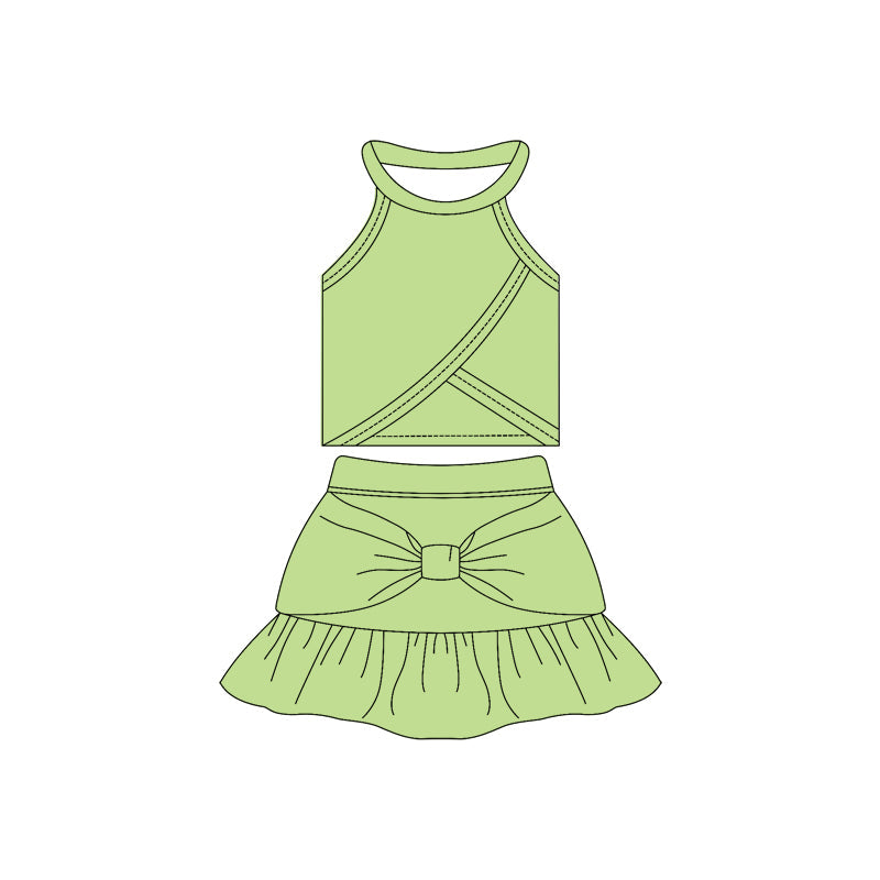 ( Moq 10 ) Baby Girl Green Sleeveless Vest Ruffle Shorts Skirts Activity Wear Yoga Set