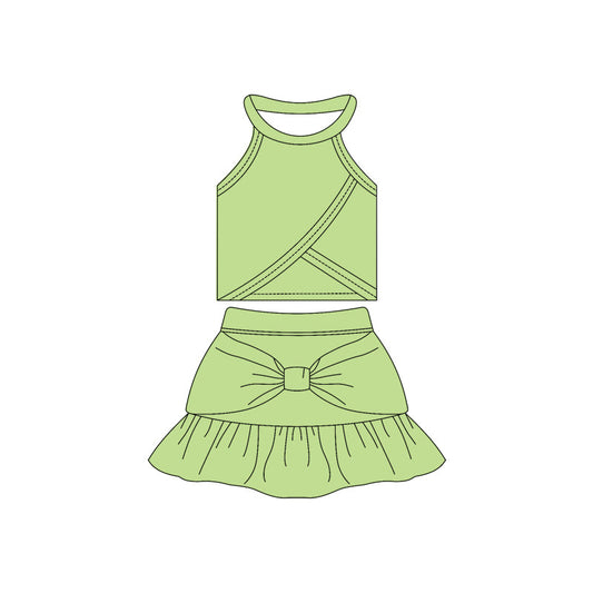 ( Moq 10 ) Baby Girl Green Sleeveless Vest Ruffle Shorts Skirts Activity Wear Yoga Set