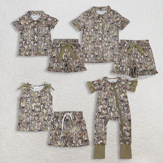 Sibling Baby Girls Adult Women Short Sleeves Camo Bows Romper Dress Pajamas Sets RTS