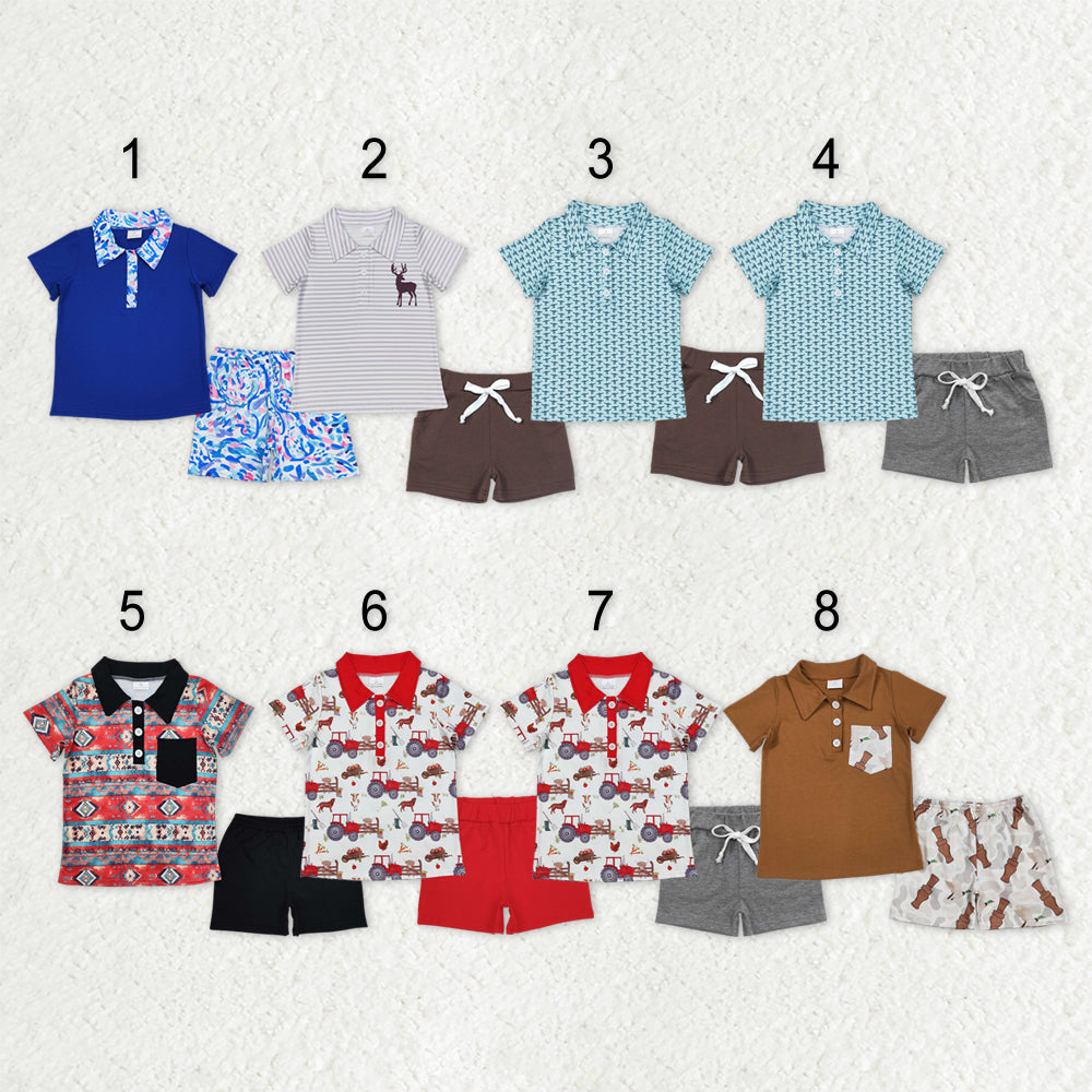 Kids Boys Buttons Polo Short Sleeves Shirt Pockets Shorts Sibling Set RTS