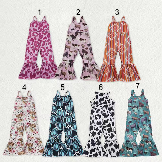 Sibling Baby Girls Kids Straps Western Cow Print Bell Pants Jumpsuits RTS
