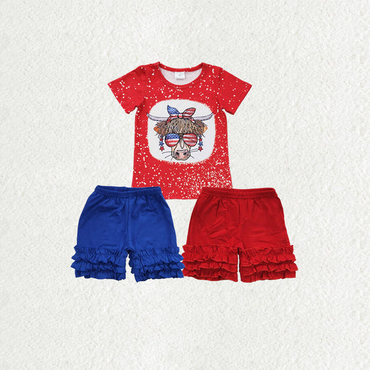 Baby Girl Short Sleeves 4th Of July Western Cow Shirt Shorts Sibling Clothes Set RTS