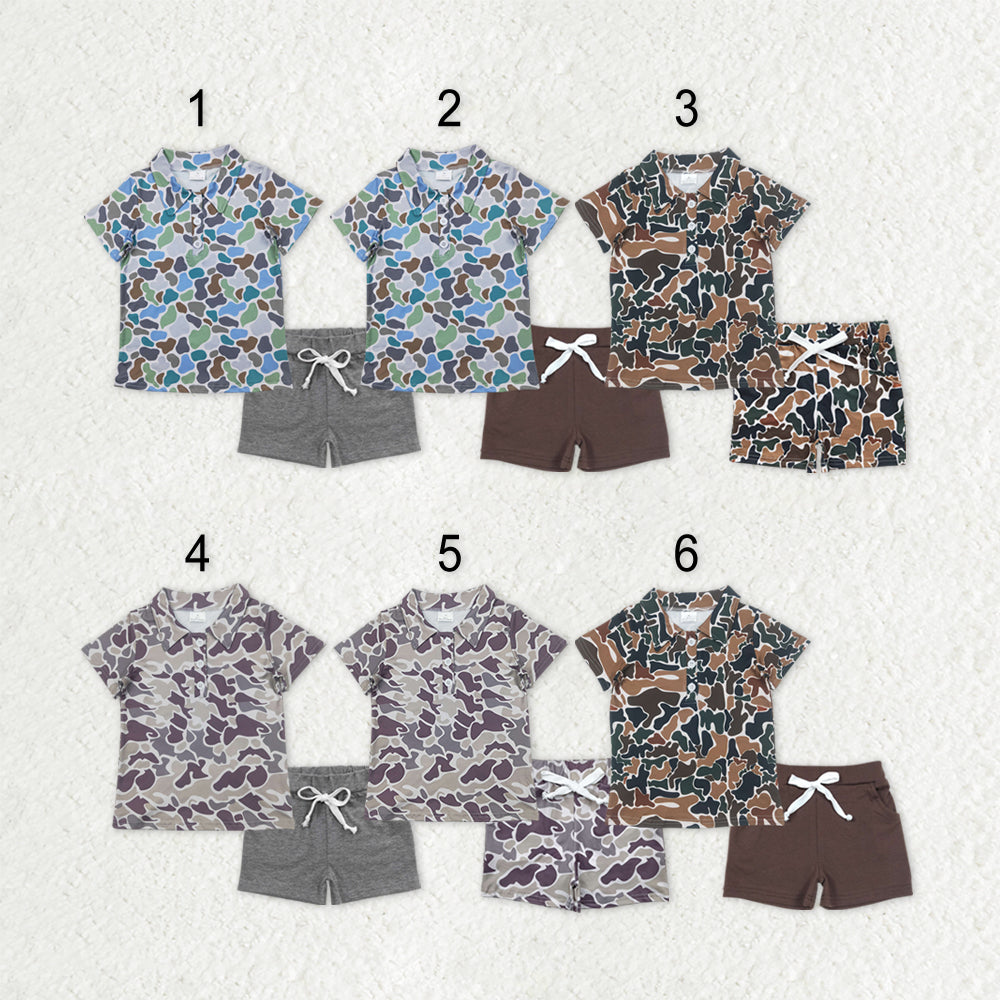 Boys Kids Camo Button Polo Shirt Pockets Shorts Sibling Set Clothes RTS