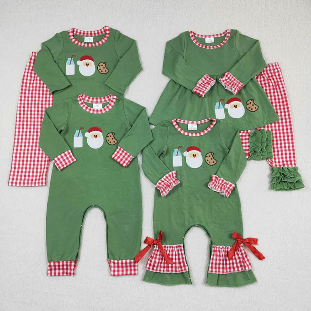 Baby Boy Girl Toddler Embroidery Milk Cookie Santa Sibling Christmas Romper Set RTS