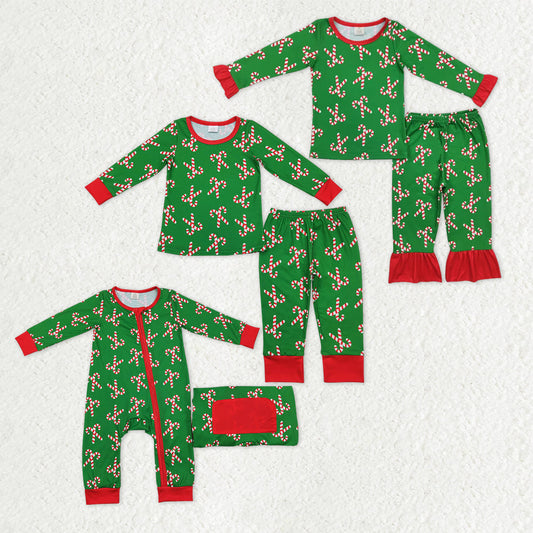 Sibling Baby Boys Girls Candy Cane Christmas Pajamas Zipper Romper Set Bamboo Clothes RTS
