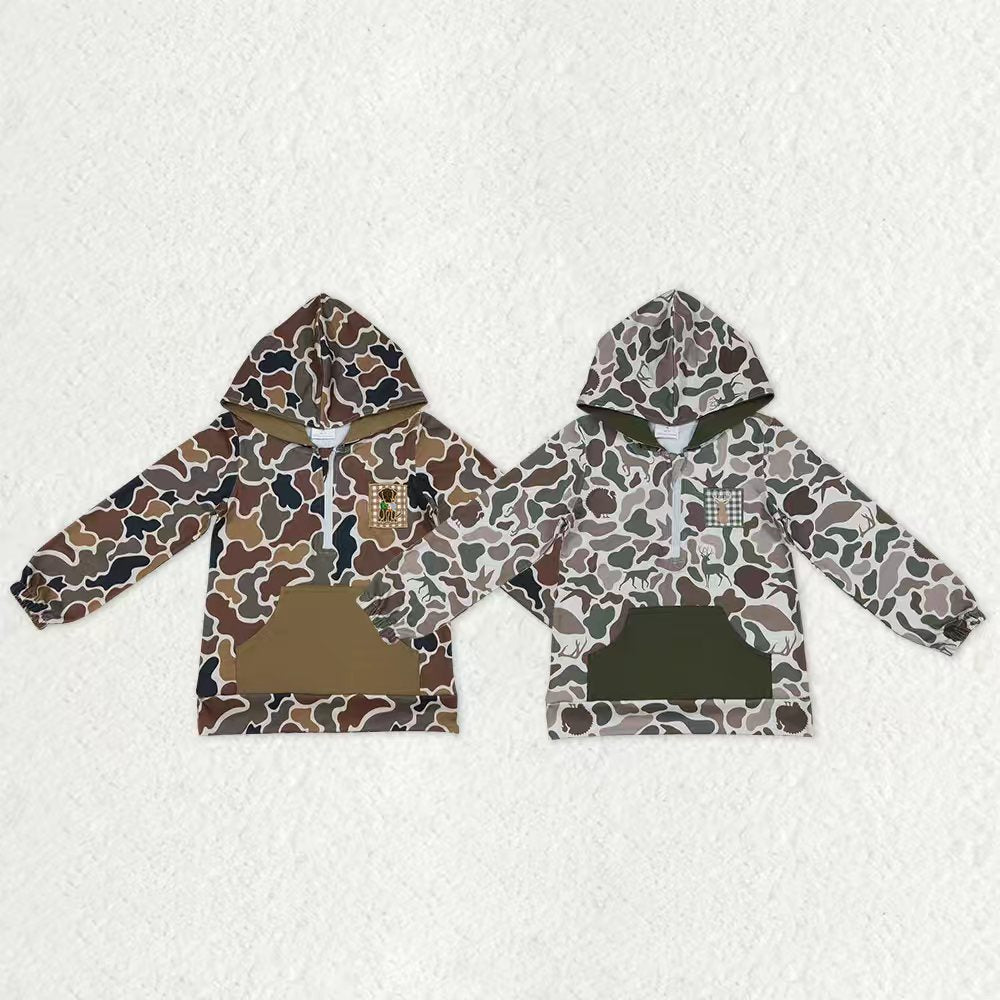 Sibling Baby Boy Long Sleeves Embroidery Dogs Ducks Hoodie Zipper Camo Shirt RTS