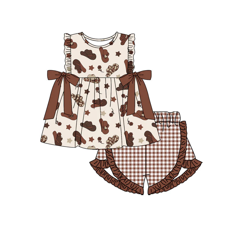 Baby Girl Sleeveless Hats Stars Tunic Brown Plaid Ruffle Short Set ( Moq 5 )