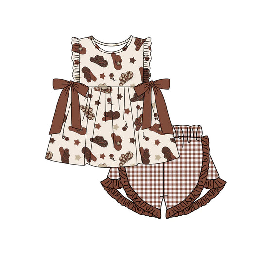 Baby Girl Sleeveless Hats Stars Tunic Brown Plaid Ruffle Short Set ( Moq 5 )