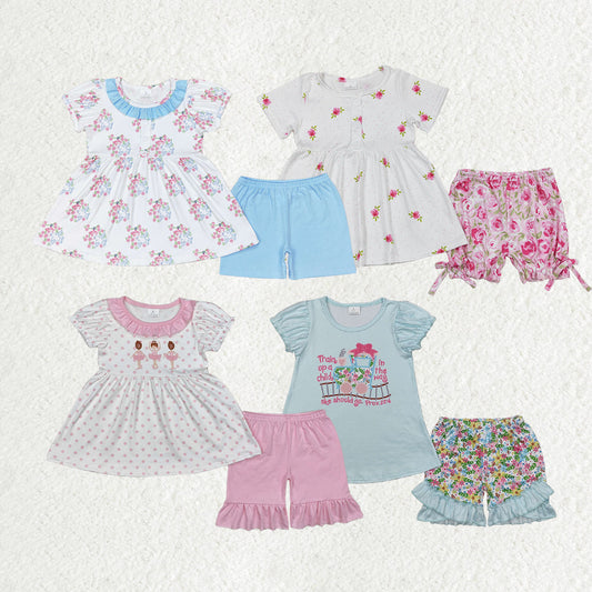 Baby Girl Short Sleeves Flower Tunic Ruffle Shorts Sibling Clothes Set RTS