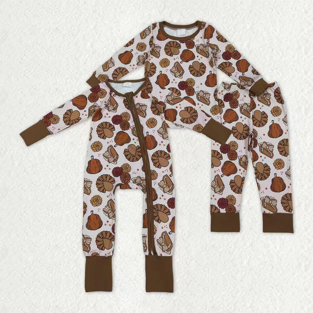Sibling Girls Kids turkey Pumpkins turkey Bows Pie Fall Thanksgiving Zipper Footie Romper Pajamas Set RTS