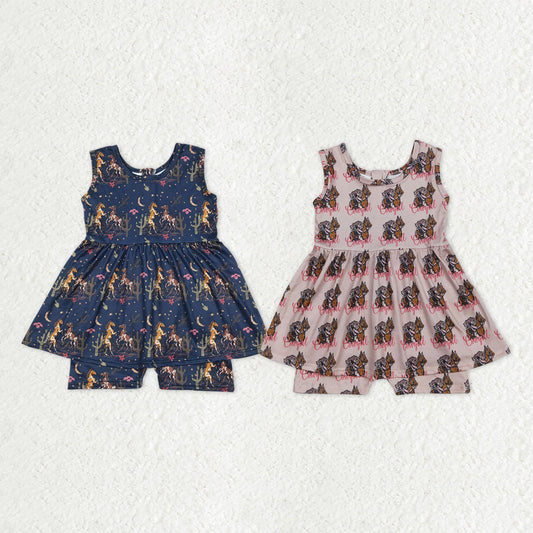 Sibling Baby Girls Sleeveless Western Horse Cactus Zipper Shorts Jumpsuit RTS