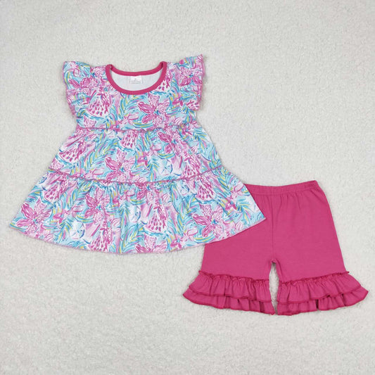 Baby Girl Short Sleeves Floral Tunic Pink Cotton Ruffle Shorts Set