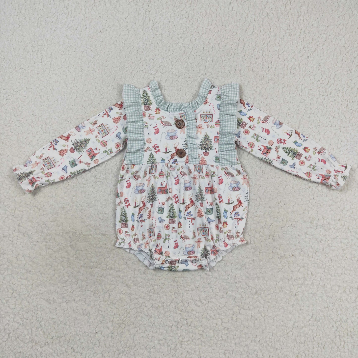 LR0556 Baby Girl Christmas Long Sleeves One Piece Reindeer Gingerbread Romper