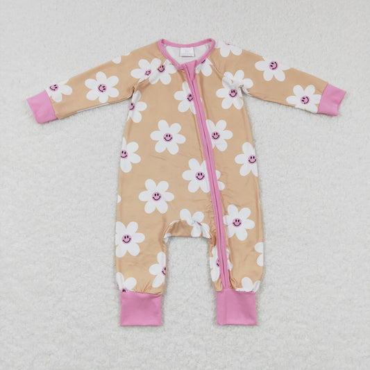 LR0732 Baby Girl Long Sleeves Floral One Piece Zipper Romper