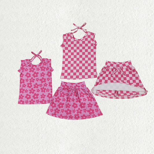 Baby Girl Sleeveless Flower Checked Tops Pockets Skort Pink Set Sibling Summer Clothes RTS
