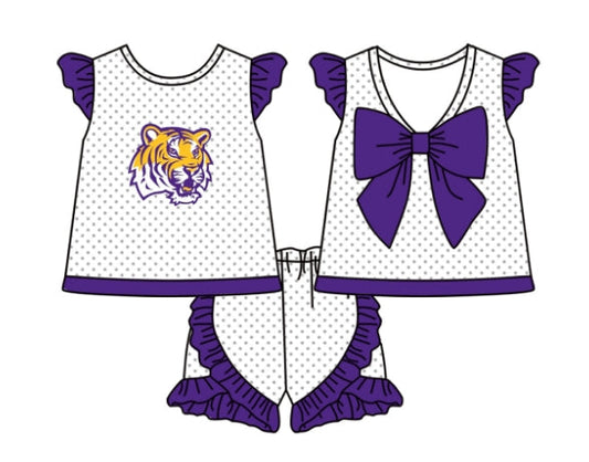 Baby Girl Short Sleeves Tiger Team Purple Bow Tunic Ruffle Shorts Clothes Set ( Moq 5 )
