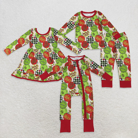 Sibling Kids Toddler Long Sleeves Green Face Lights Christmas Zipper Romper Dress Pajamas Set RTS