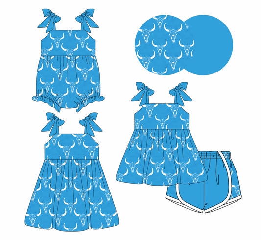 Baby Girl Straps Western Cow Blue Sibling Romper Dress Set ( Moq 5 Each Style ) 4.3