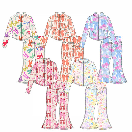 ( Moq 10 ) Baby Girl Colorful Bows Long Sleeves Pockets Zipper Tops Pants Activity Wear Yoga Set