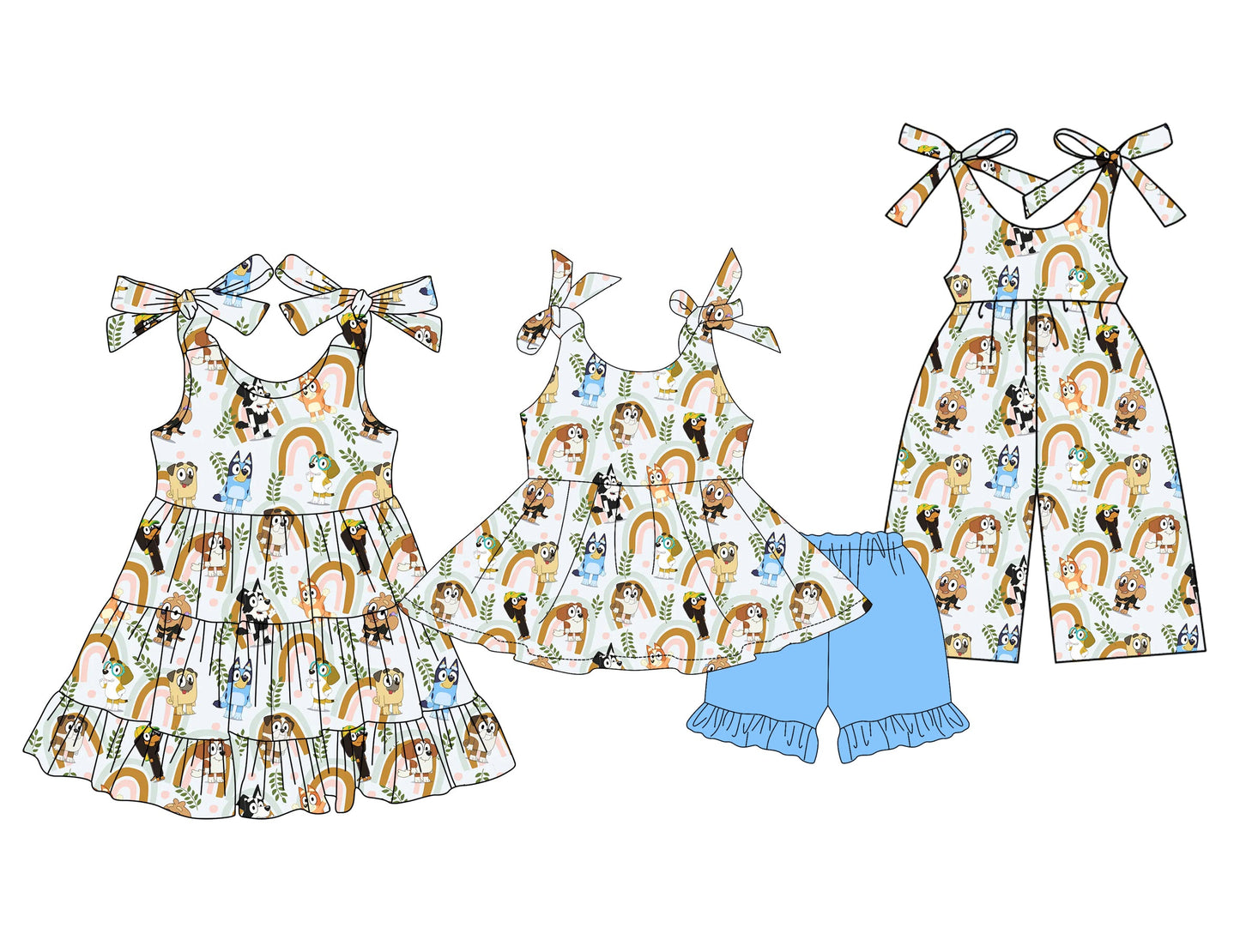 Baby Girl Straps Dogs Rainbow Sibling Jumpsuit Dress Set ( Moq 5 Each Style ) 3.21
