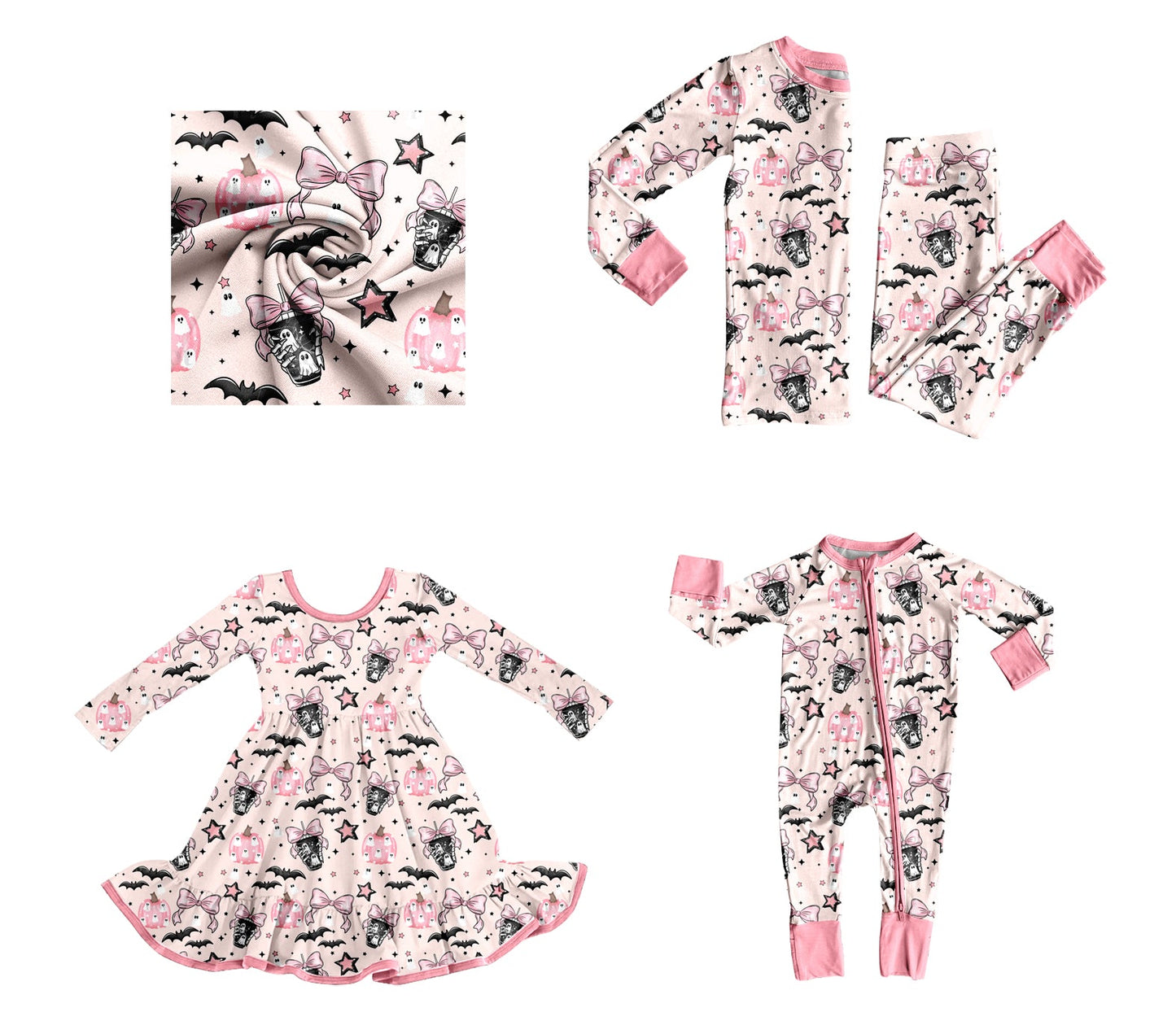 ( Moq 5 Each Style ) Baby Kids Toddler Ghosts Bows Pumpkins Halloween Pink Sibling Romper Dress Set
