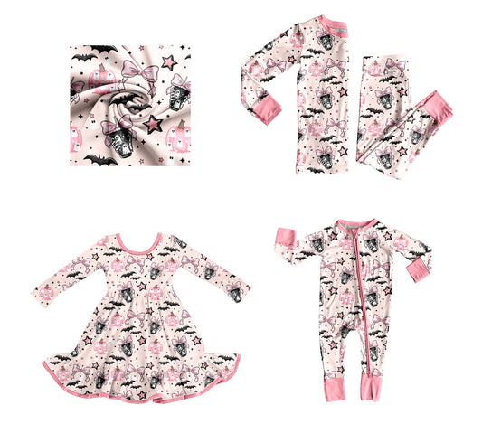 ( Moq 5 Each Style ) Baby Kids Toddler Ghosts Bows Pumpkins Halloween Pink Sibling Romper Dress Set