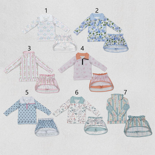 Baby Girl Long Sleeves Flower Bows Zip Shirt Skort Sibling Set RTS
