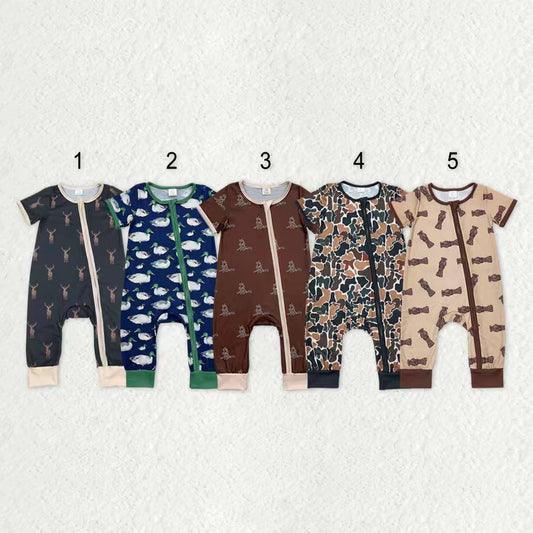 Boys Infant Short Sleeves Deer Ducks Camo Sibling Bamboo Zipper Romper RTS