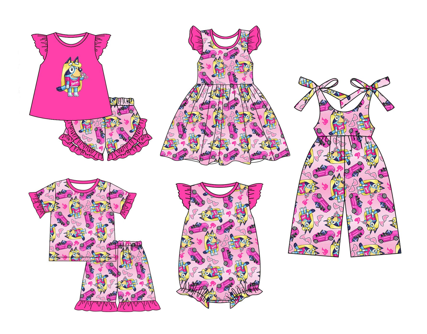 Baby Girl Short Sleeves Dogs Pink Doll Sibling Romper Dress Set ( Moq 5 Each Style ) 12.28