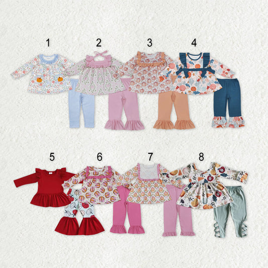Sibling Baby Girls Long Sleeves Flowers Pumpkins Tunic Pants Fall Clothes Sets RTS