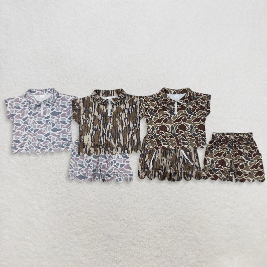 Sibling Baby Girls Kids Short Sleeves Camo Zipper Shirts Scallop Shorts Sets Clothes RTS