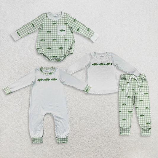 Sibling Baby Boys Infant Long Sleeves Fish Green Plaid Rompers Set Clothes RTS