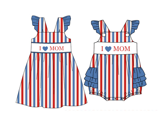 ( Moq 5 Each Style ) Baby Girls Kids I Love Mom Sibling Red Blue Stripes Romper Dress