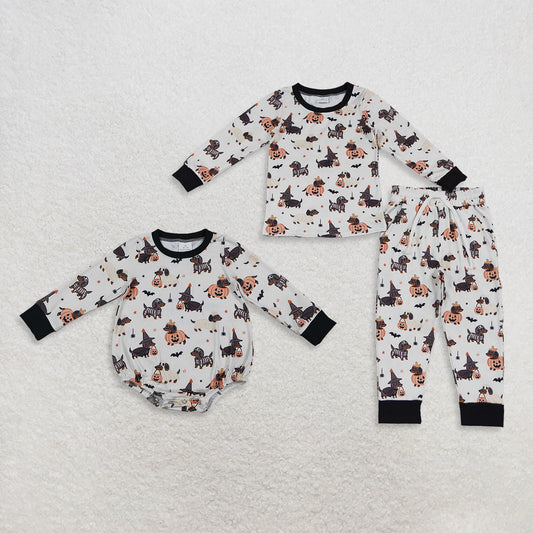 Sibling Baby Boys Kids Long Sleeves Halloween Pumpkins Dogs Romper Set Pajamas Clothes RTS