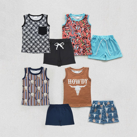 Baby Boy Sleeveless Tee Shirt Smile Western Howdy Shorts Sibling Clothes Set RTS