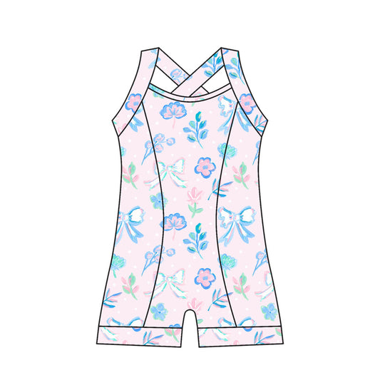 ( Moq 10 ) Baby Girl Straps Lavender Flower Bows Activity Wear Yoga Jumpsuit