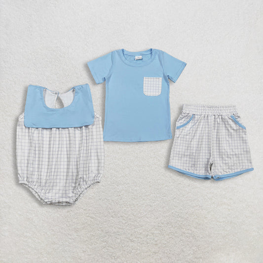 Sibling Baby Boys Kids Blue Short Sleeves Shirt Plaid Pockets Shorts Clothes Summer Romper Set RTS