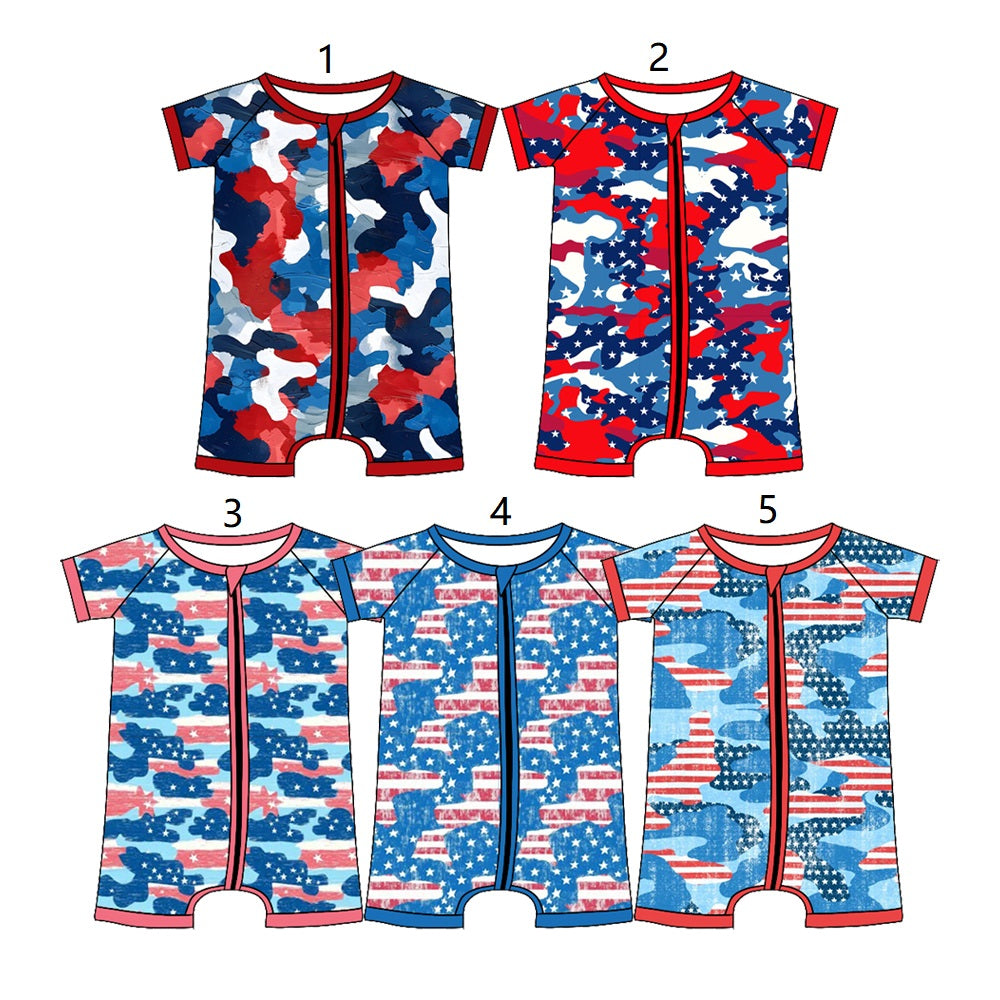 ( Moq 5 Each Style ) Baby Boys Infant Short Sleeves Camo Zipper Rompers 4th of July Clothes